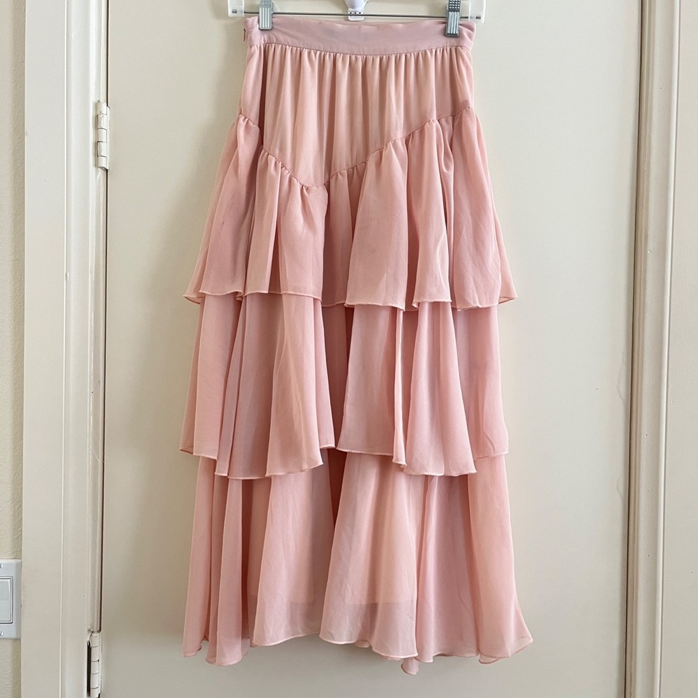 Boohoo Tiered Maxi Skirt 2 Pink Boho Ruffle Romantic Ethereal Fairy Feminine - Picture 2 of 11